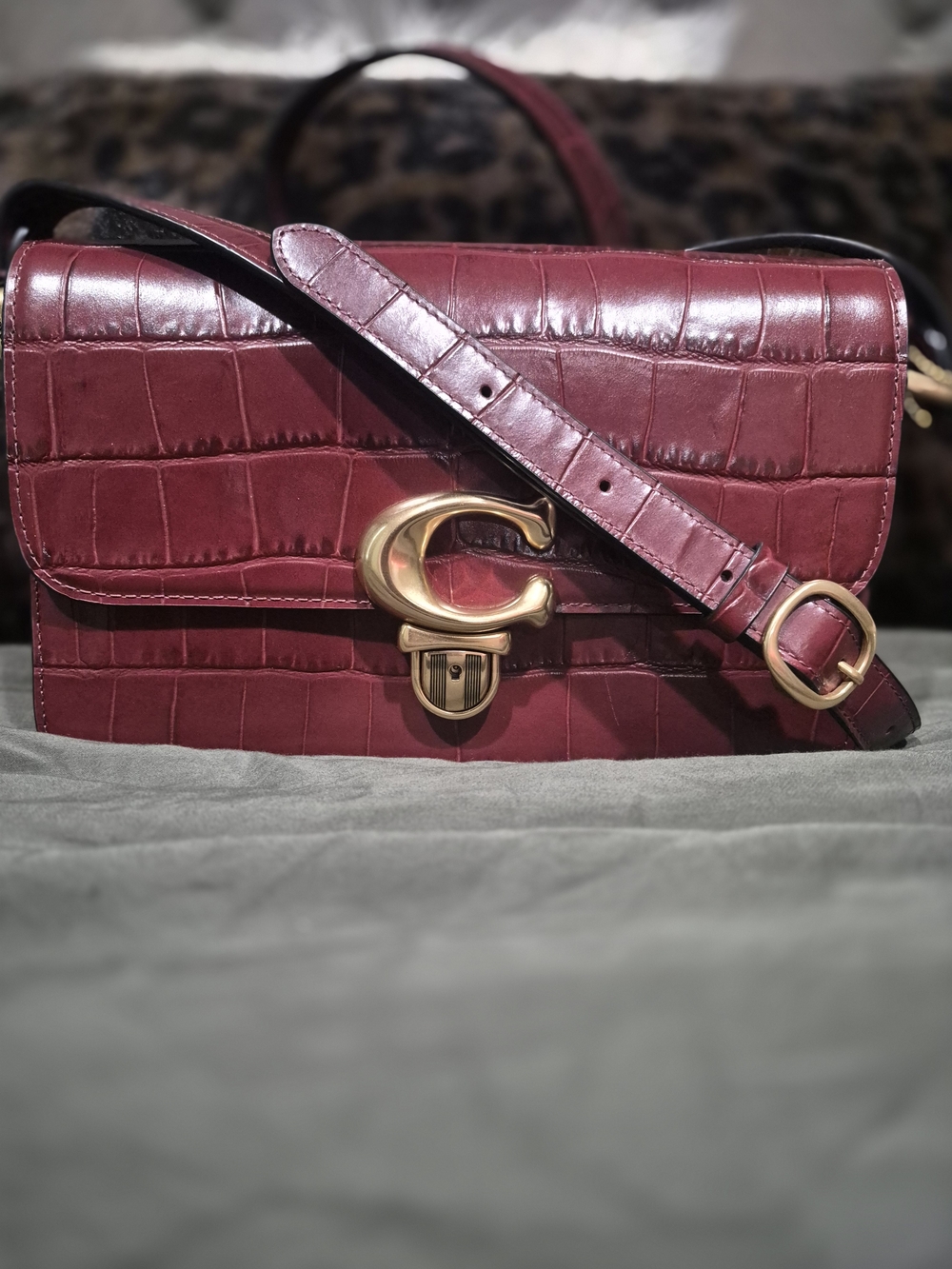 Coach Wine Croc-Embossed Leather Crossbody with Gold Hardware